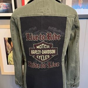 Up-Cycled Harley-Davidson Women’s Jacket with Black and Maroon Graphics Medium